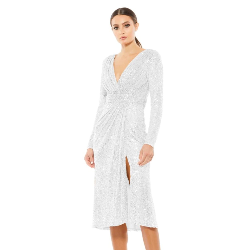 NWT Ieena for Mac Duggal LONG SLEEVE SEQUINED MIDI DRESS 26555 white size 12